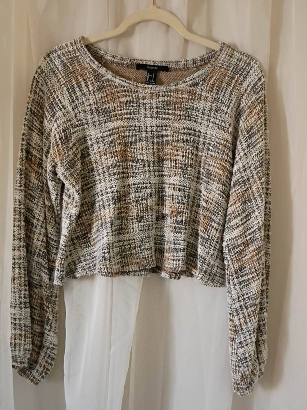 Forever 21 Cream, Tan & Black Tweed-Inspired Long Sleeve Top